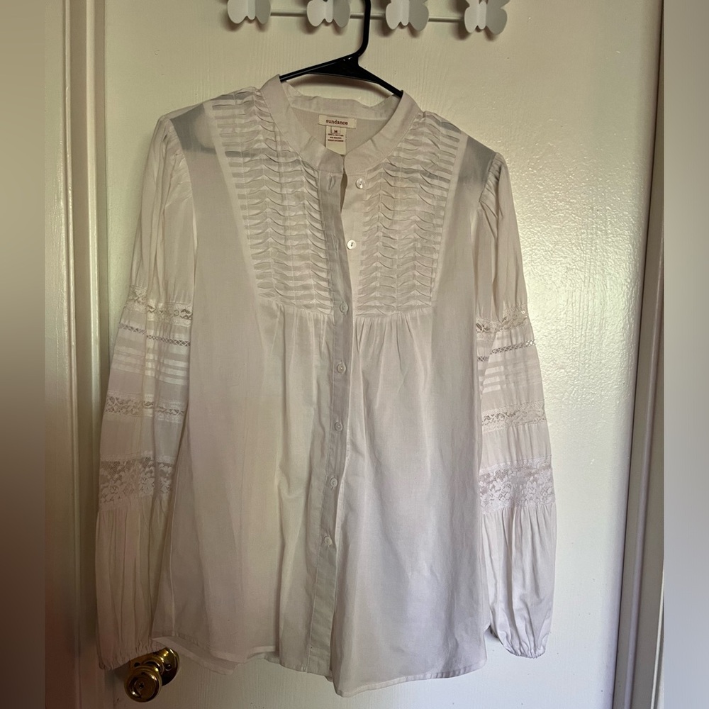 Sundance Heirloom Blouse Pin tuck Button Up Lace Sleeves Size M